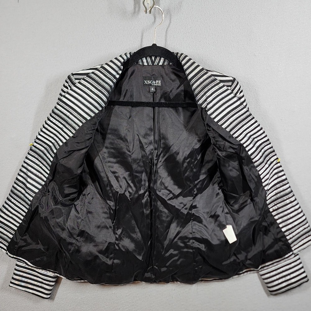 Xscape Blazer Womens 4 Black White Striped Metallic Open Front Jacket Made USA - Picture 6 of 8